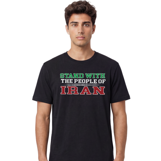 Man wearing a black t-shirt with text 'Stand with the People of Iran' on a white background