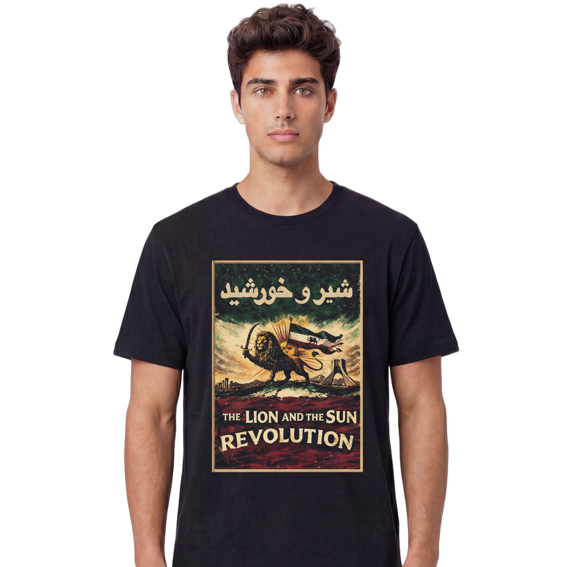 Man wearing a black t-shirt with a graphic design and text.