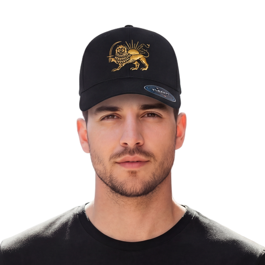 Man wearing a black t-shirt and cap with a lion emblem on a white background