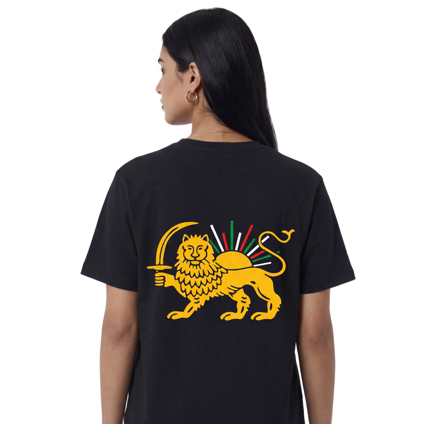 Person wearing a black t-shirt with a yellow lion design on the back, on a white background