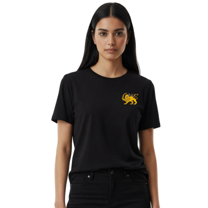 Woman wearing a black t-shirt with a yellow logo on a white background