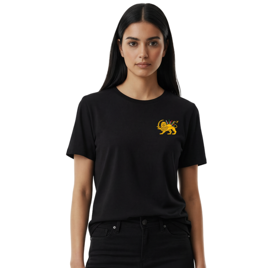 Woman wearing a black t-shirt with a yellow logo on a white background