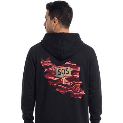 Person wearing a black hoodie with a red graphic and 'SOS' on the back, on a white background