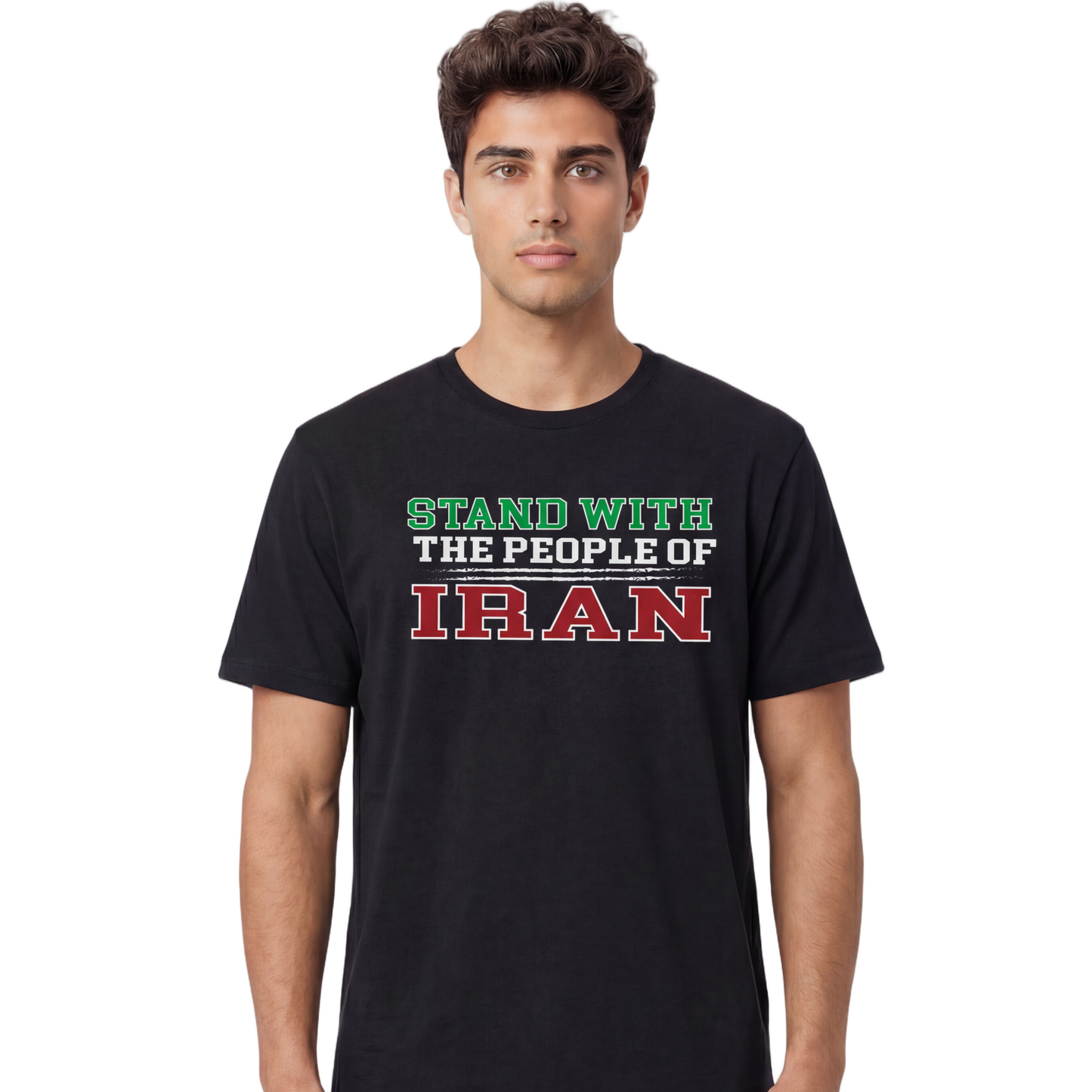 Man wearing a black t-shirt with text 'Stand with the People of Iran' on a white background