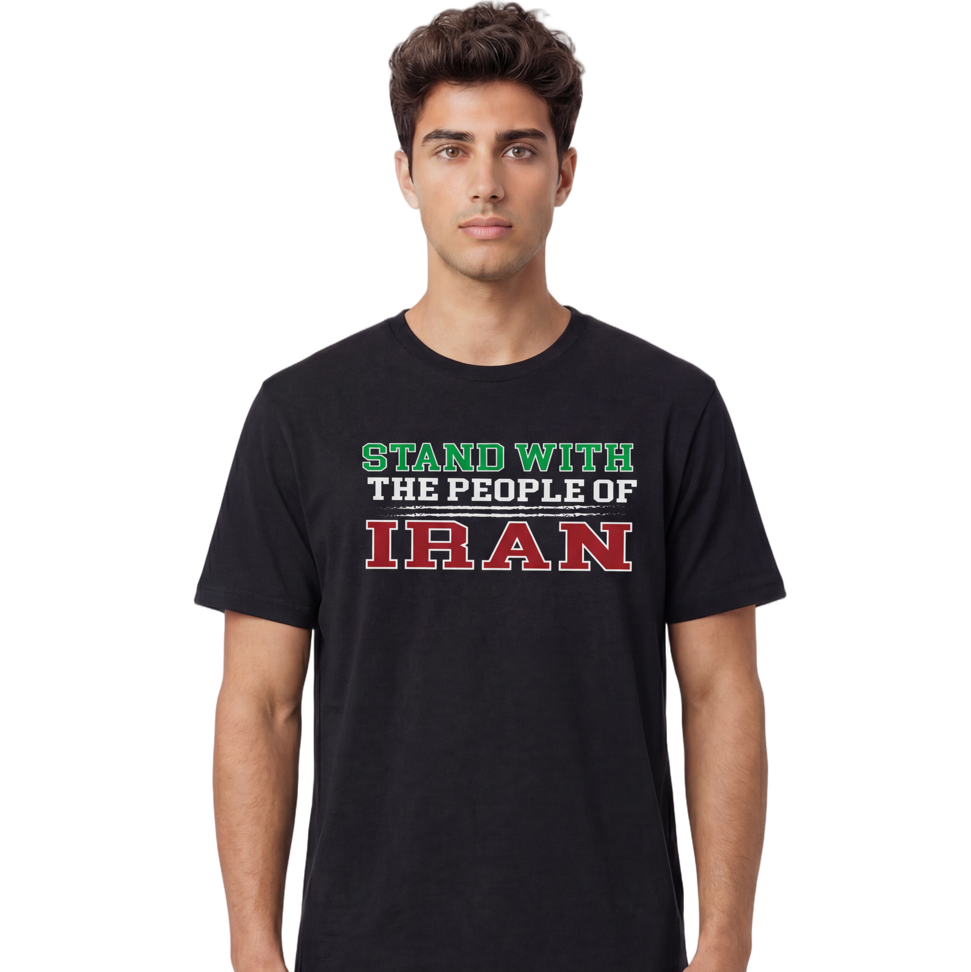 Man wearing a black t-shirt with text 'Stand with the People of Iran' on a white background