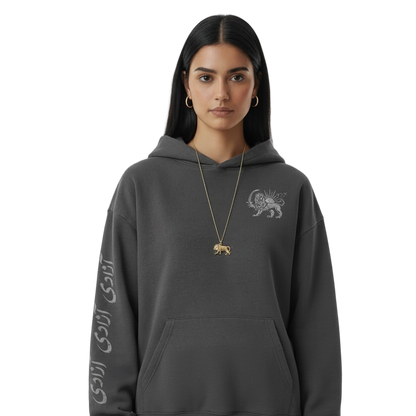 Person wearing a dark gray hoodie with text and graphics on a white background