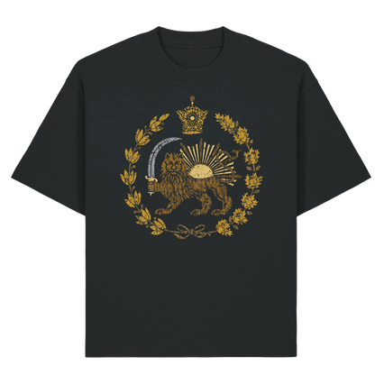 Black t-shirt with gold lion emblem design on a white background