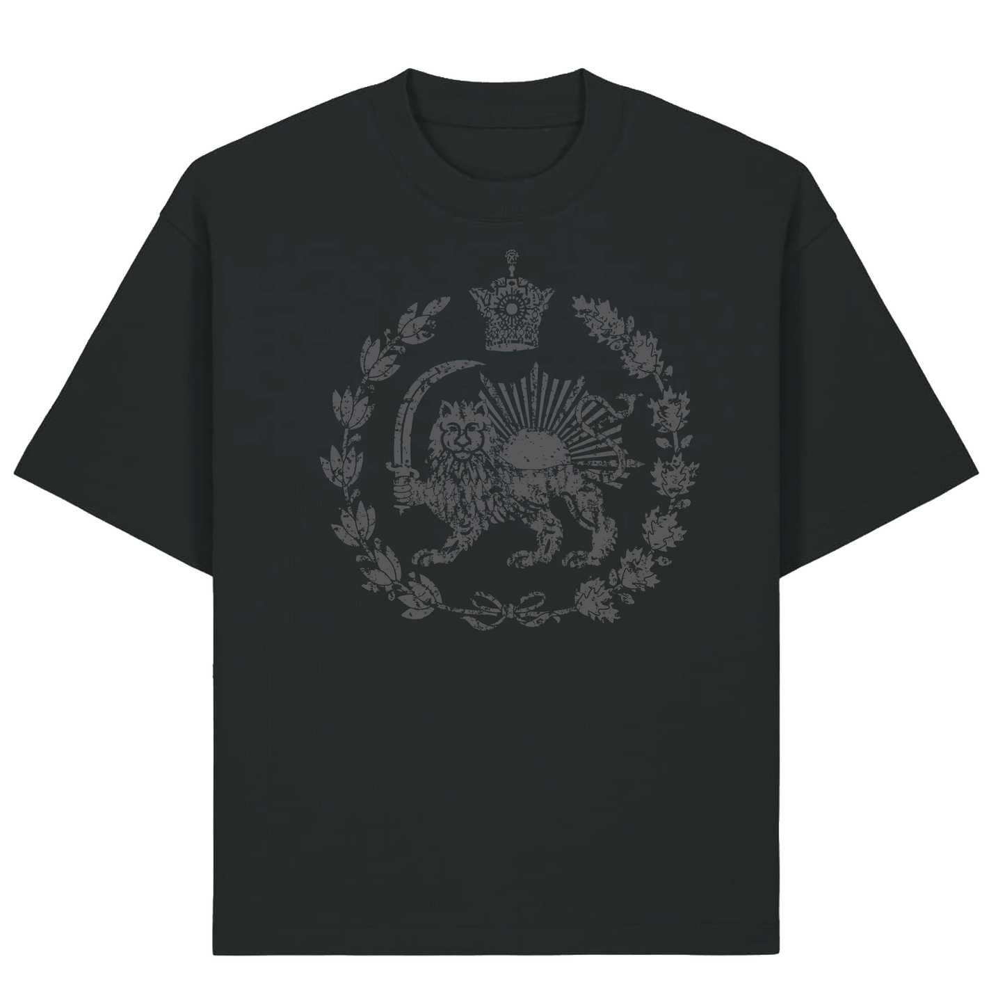 Black t-shirt with a lion emblem design on a white background