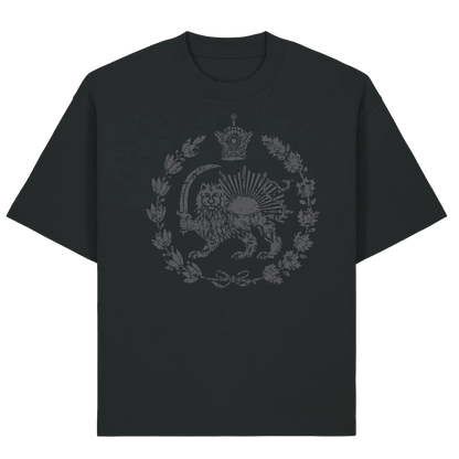 Black t-shirt with a lion emblem design on a white background