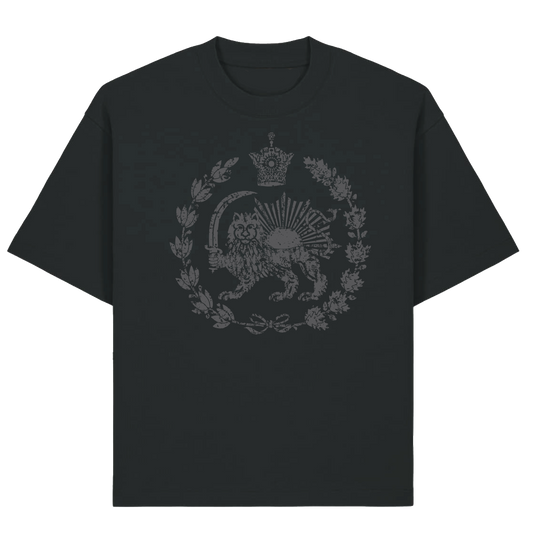 Black t-shirt with a lion emblem design on a white background