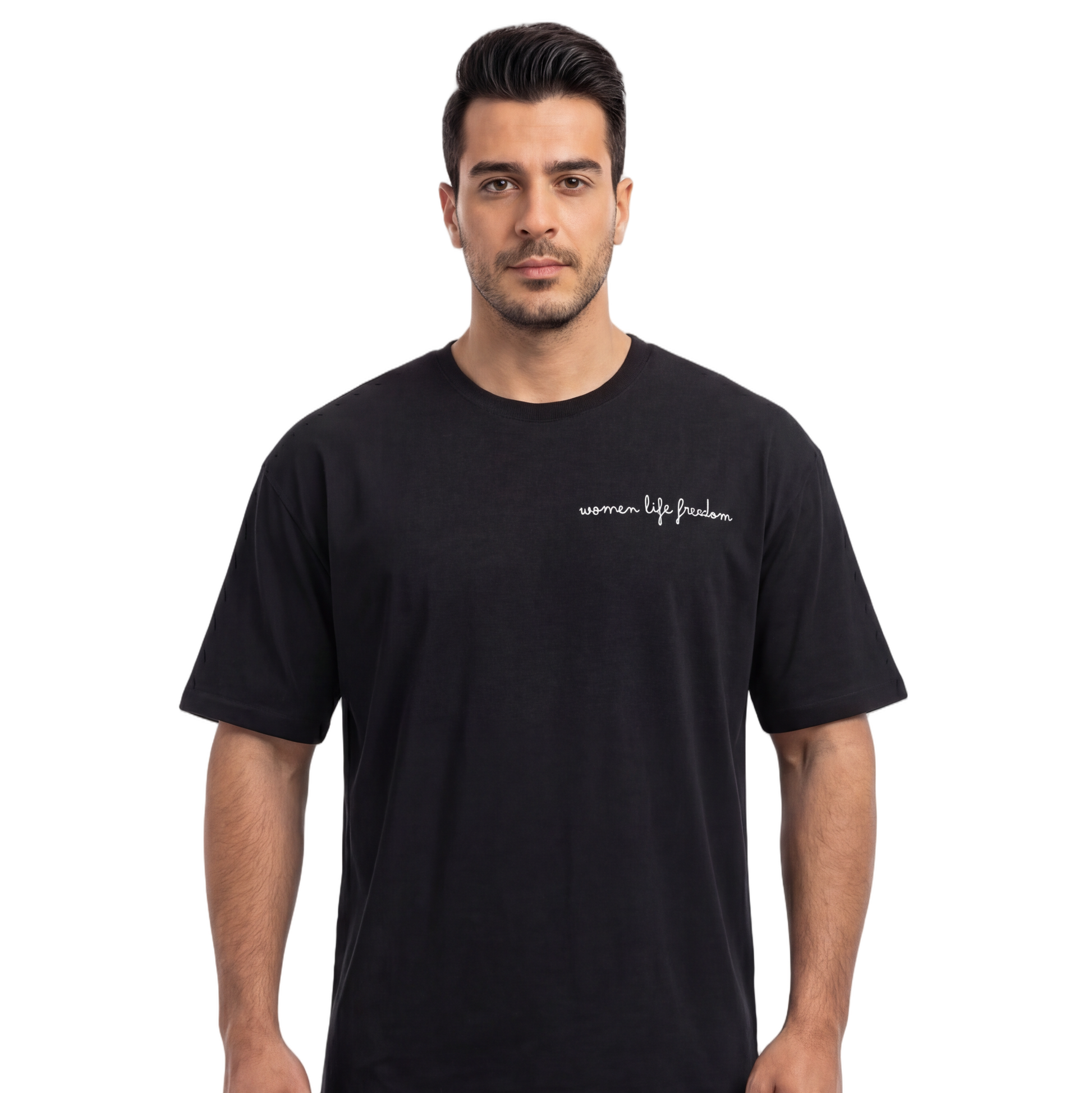 Man wearing a black t-shirt with text on a white background